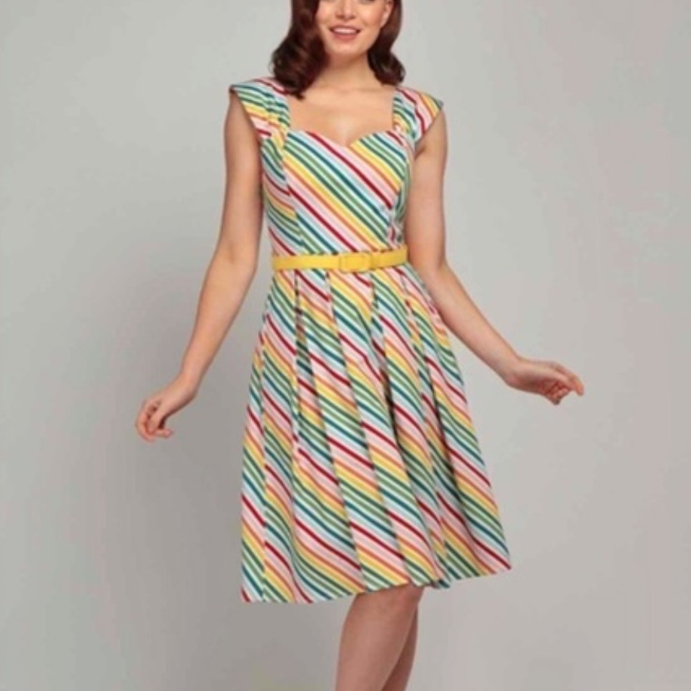 Collectif Multicolor Striped Midi Dress with Yellow Belt